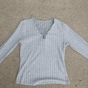 SHEIN Heather Grey Ribbed Long Sleeve Top Size L Lace Up V-Neck Fall Casual Shir